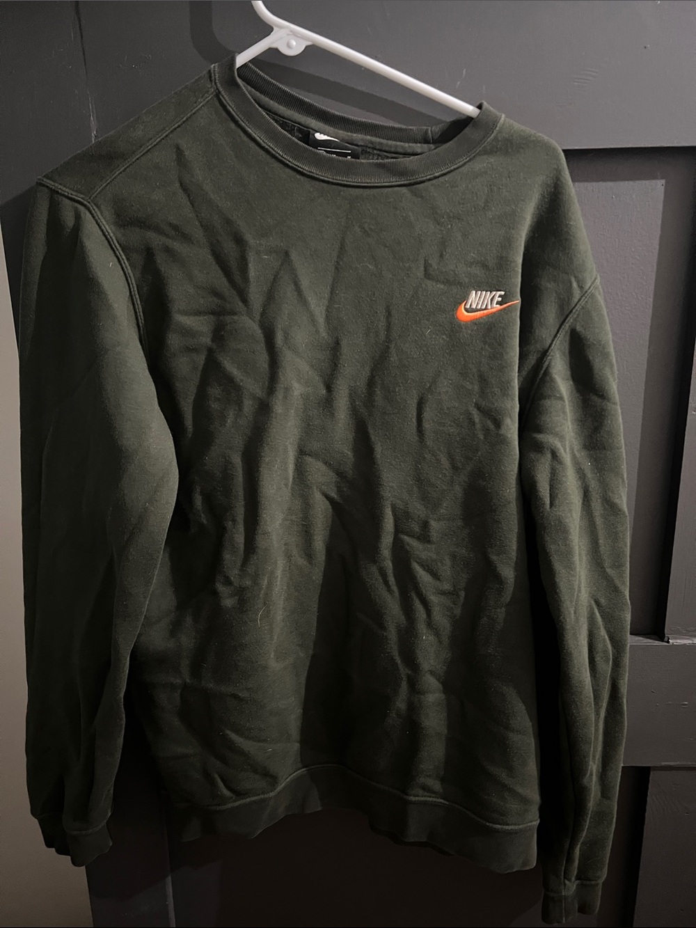 Nike Men's Olive Green Crewneck Sweatshirt with Orange Swoosh